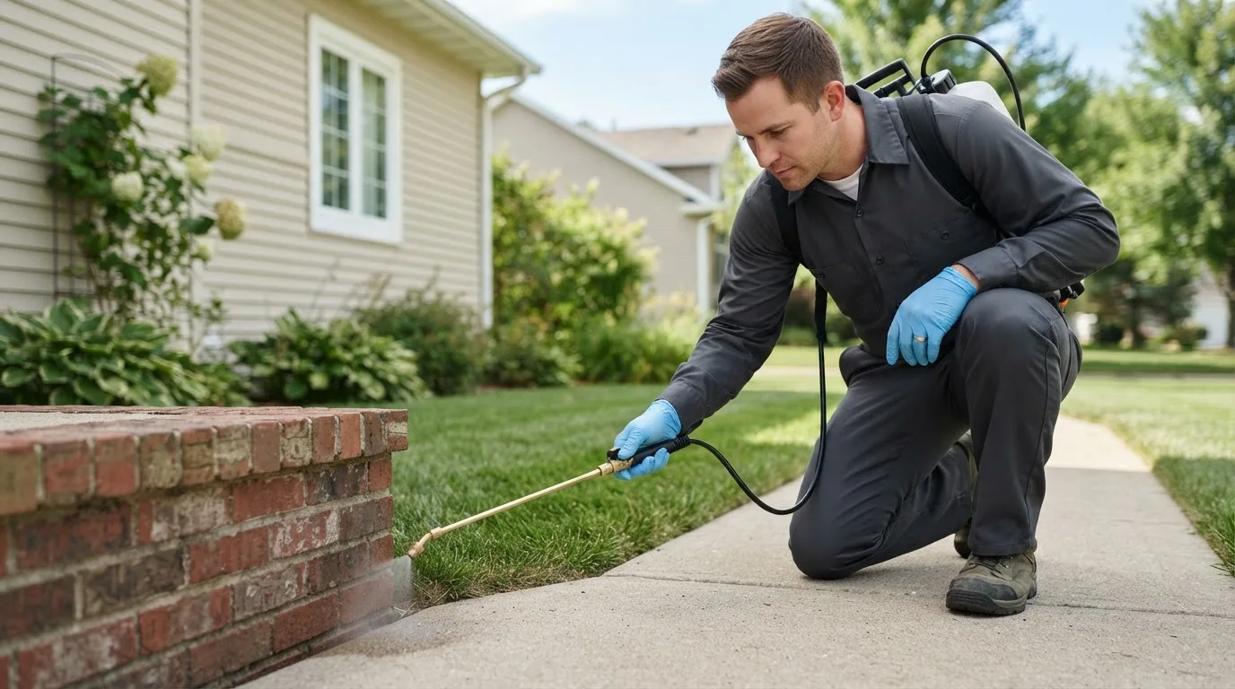 Pest control technician treating a home near El Rito, NM